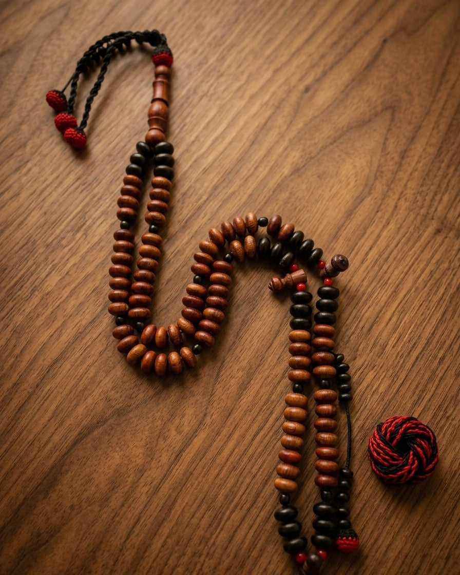 مسبحة خشب الورد المطعم بالأبانوس والمرجان  - مسبحة الورد - ١٠٠ حبة DHIKR